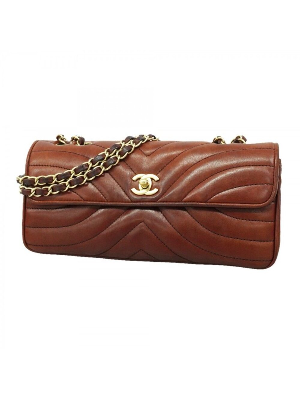 Chanel Shoulder Bag Lambskin Dark Brown Champagne Gold